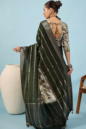 Green ethnic motifs zari silk blend handloom tussar saree