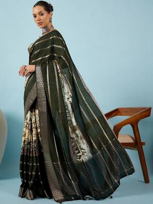 Green ethnic motifs zari silk blend handloom tussar saree 4