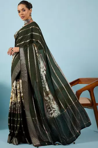 Green ethnic motifs zari silk blend handloom tussar saree