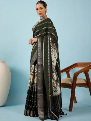 Green ethnic motifs zari silk blend handloom tussar saree 5