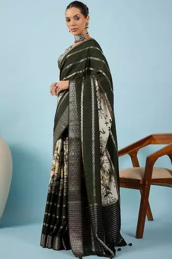 Green ethnic motifs zari silk blend handloom tussar saree