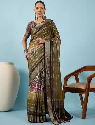 Olive ethnic motifs zari silk blend tussar saree 1