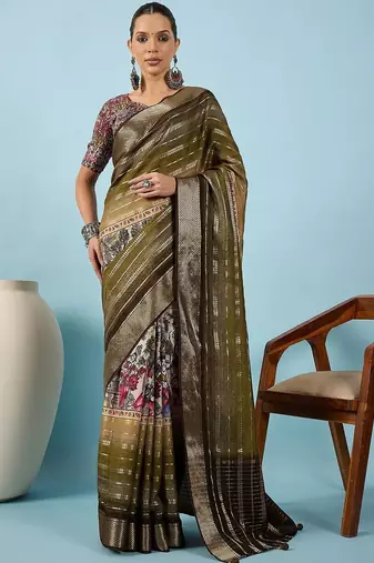 Olive ethnic motifs zari silk blend tussar saree
