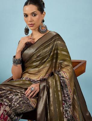 Olive ethnic motifs zari silk blend tussar saree 2