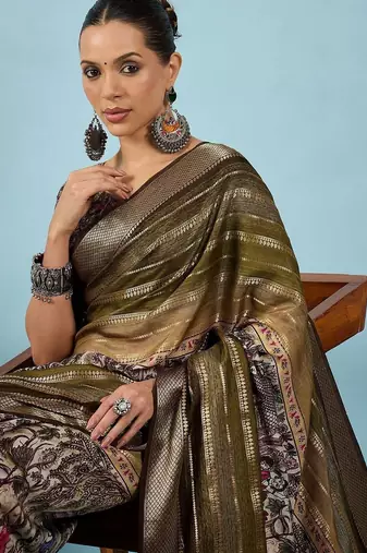 Olive ethnic motifs zari silk blend tussar saree
