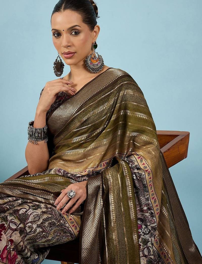 Olive ethnic motifs zari silk blend tussar saree
