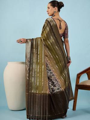 Olive ethnic motifs zari silk blend tussar saree 3
