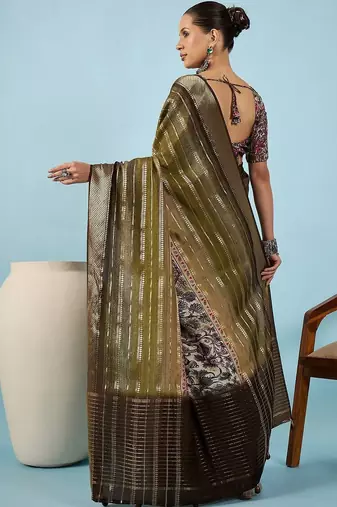 Olive ethnic motifs zari silk blend tussar saree