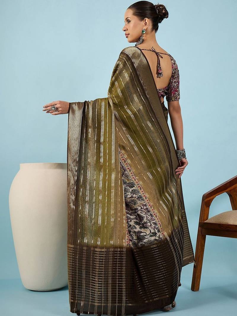 Olive ethnic motifs zari silk blend tussar saree