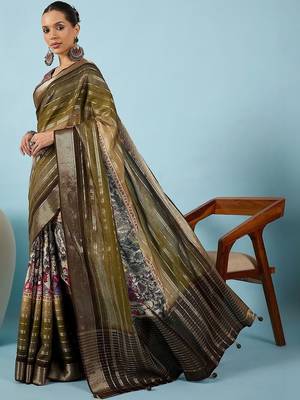 Olive ethnic motifs zari silk blend tussar saree 4