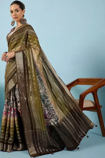 Olive ethnic motifs zari silk blend tussar saree