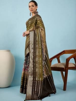 Olive ethnic motifs zari silk blend tussar saree 5