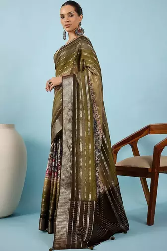 Olive ethnic motifs zari silk blend tussar saree