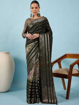 Olive woven design zari silk blend tussar saree 1