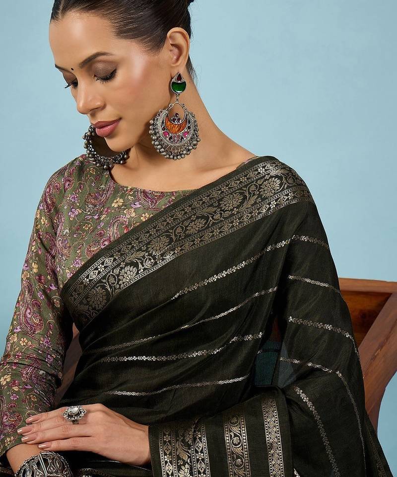 Olive woven design zari silk blend tussar saree
