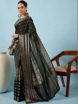 Olive woven design zari silk blend tussar saree 4
