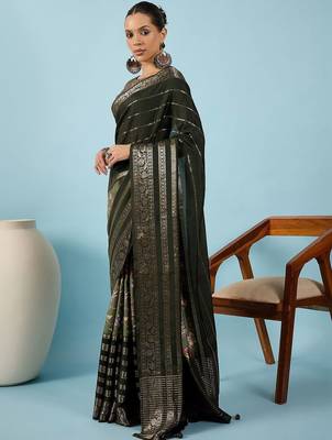 Olive woven design zari silk blend tussar saree 5