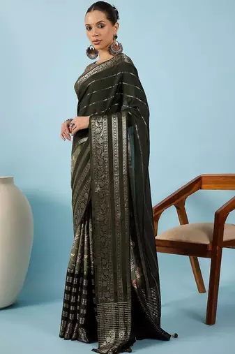 Olive woven design zari silk blend tussar saree