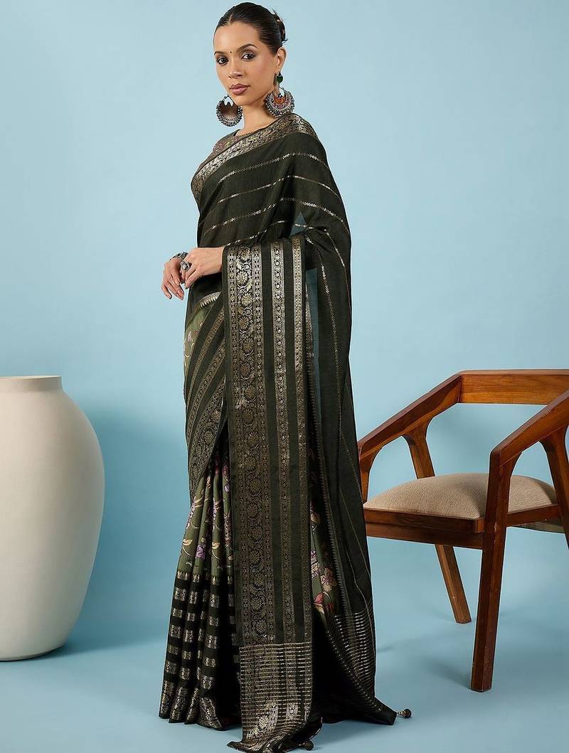 Olive woven design zari silk blend tussar saree