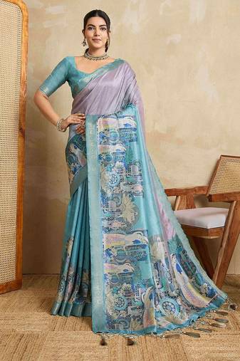 Blue kalamkari printed saree