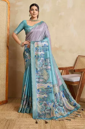 Blue kalamkari printed saree