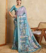 Blue kalamkari printed saree