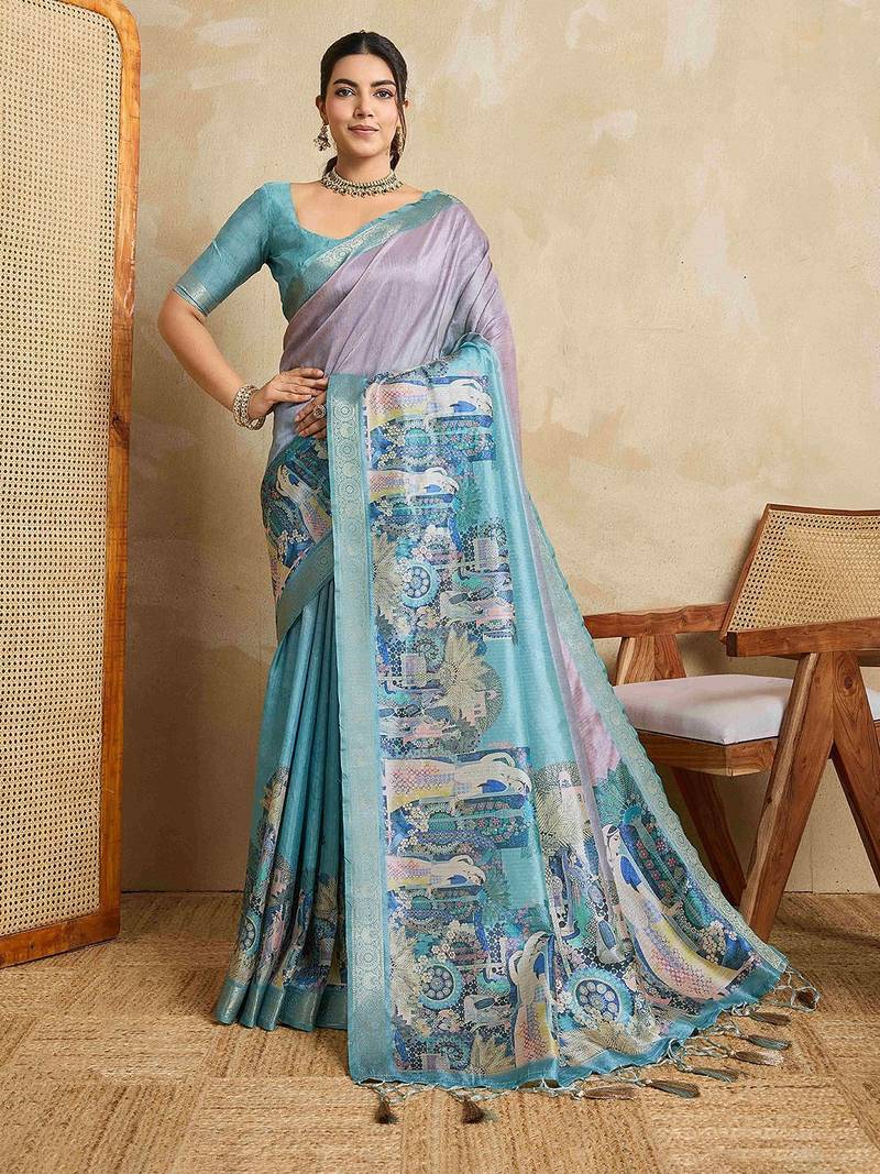 Blue kalamkari printed saree