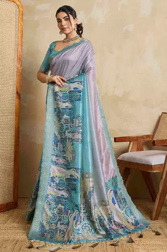 Blue kalamkari printed saree