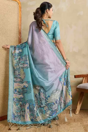Blue kalamkari printed saree
