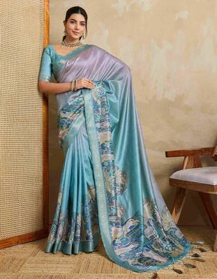 Blue kalamkari printed saree 4