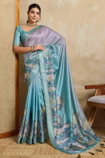 Blue kalamkari printed saree