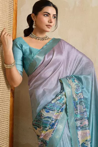 Blue kalamkari printed saree