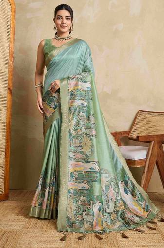 Teal kalamkari zari saree