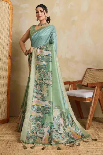 Teal kalamkari zari saree