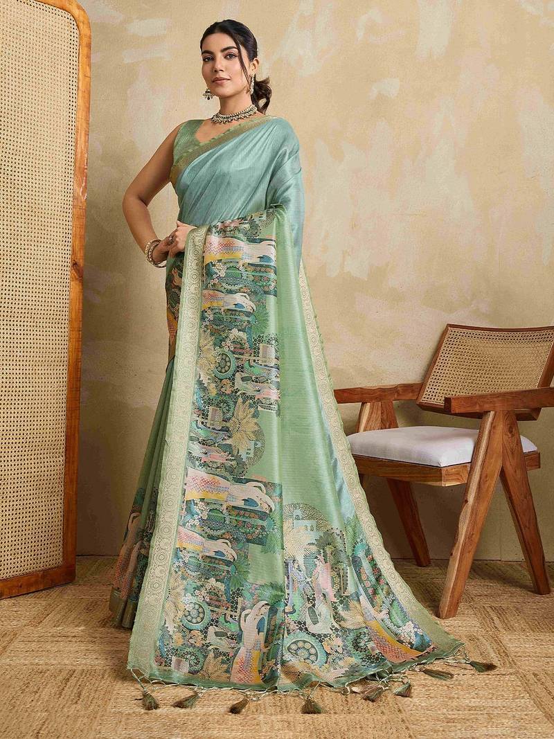Teal kalamkari zari saree