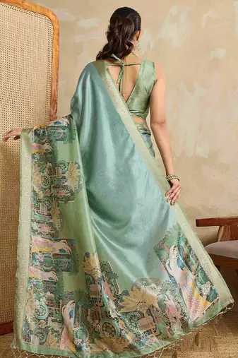 Teal kalamkari zari saree