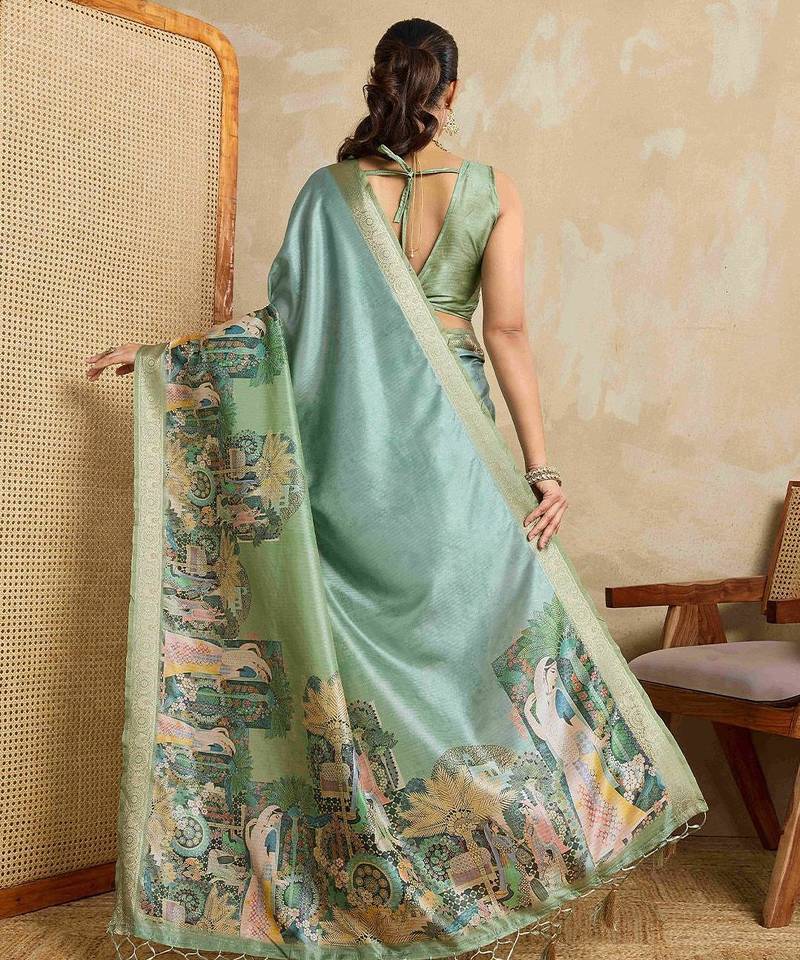 Teal kalamkari zari saree
