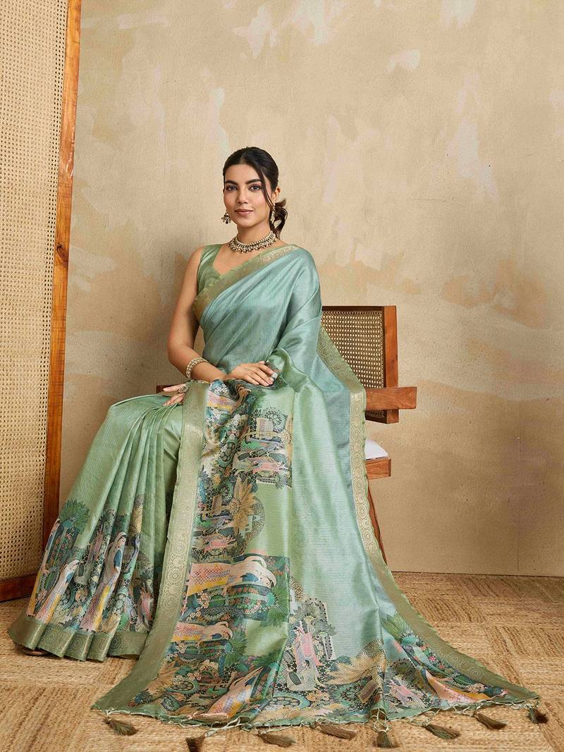 Teal kalamkari zari saree