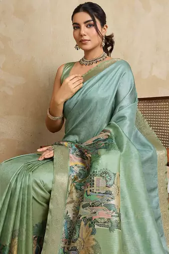 Teal kalamkari zari saree