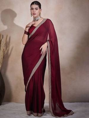Maroon embroidered lace border satin ready to wear saree 1
