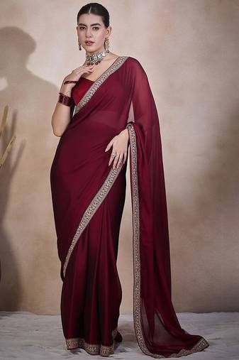 Maroon embroidered lace border satin ready to wear saree