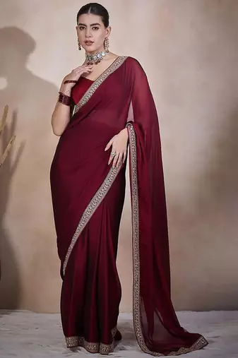 Maroon embroidered lace border satin ready to wear saree