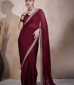 Maroon embroidered lace border satin ready to wear saree