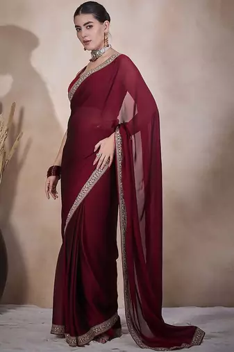 Maroon embroidered lace border satin ready to wear saree