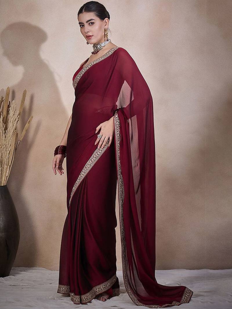 Maroon embroidered lace border satin ready to wear saree