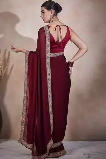 Maroon embroidered lace border satin ready to wear saree