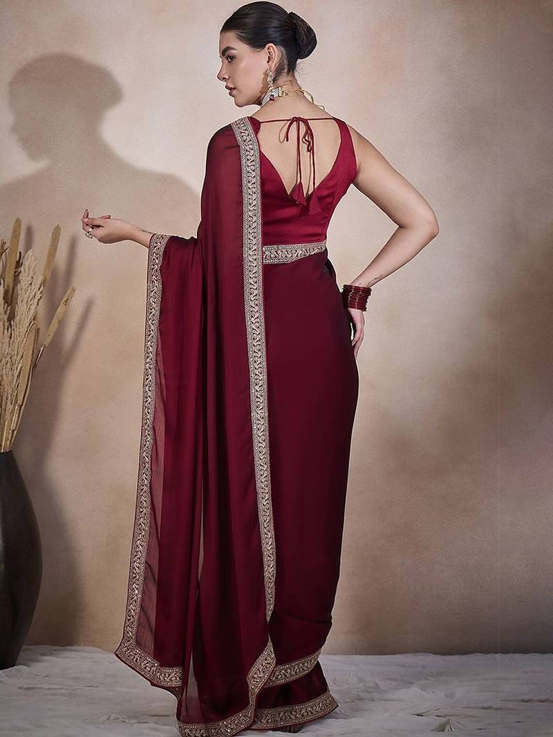 Maroon embroidered lace border satin ready to wear saree