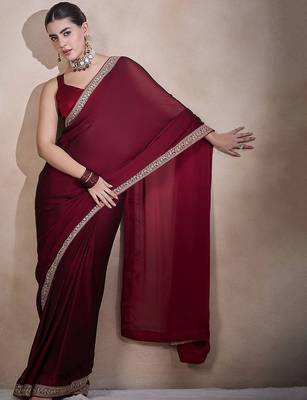 Maroon embroidered lace border satin ready to wear saree 4