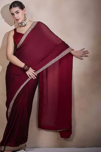 Maroon embroidered lace border satin ready to wear saree