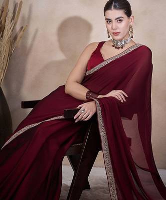 Maroon embroidered lace border satin ready to wear saree 5